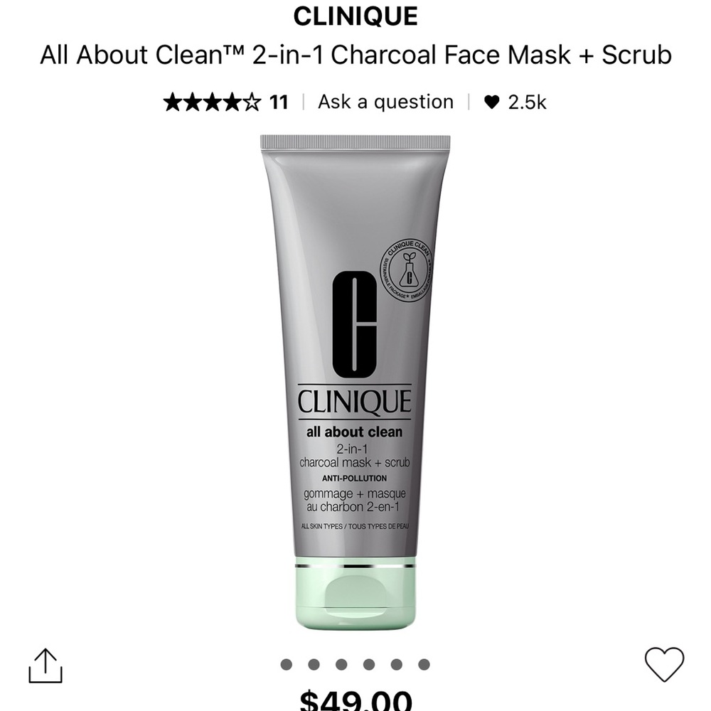 BRAND NEW FULL SIZE Clinique all about clean 2 in 1 charcoal mask + scrub